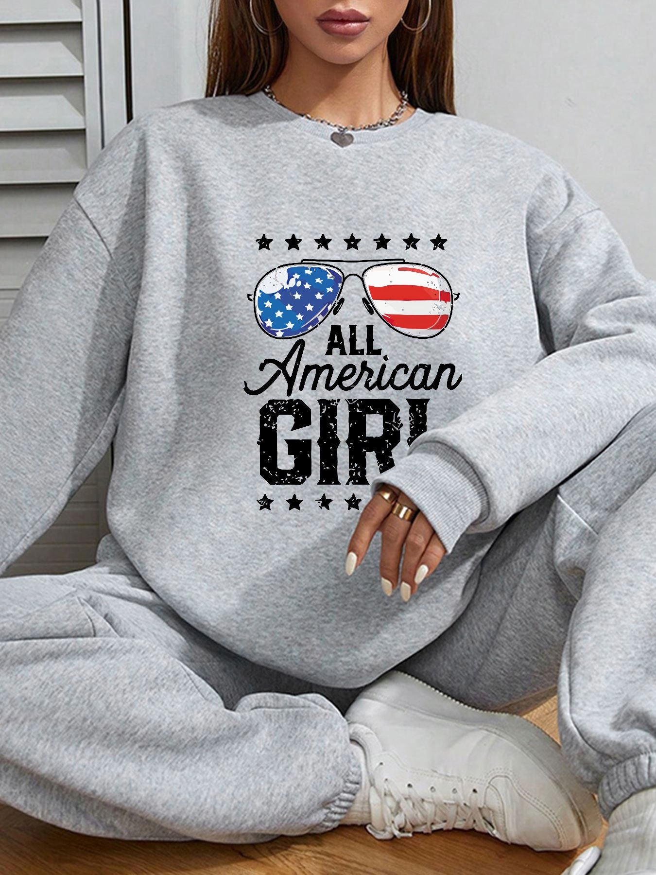 Women All American Girl and American Flag Sunglasses Print Casual Sweatshirt