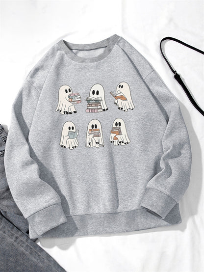 Women Cute Ghost Reading Print Casual Sweatshirt