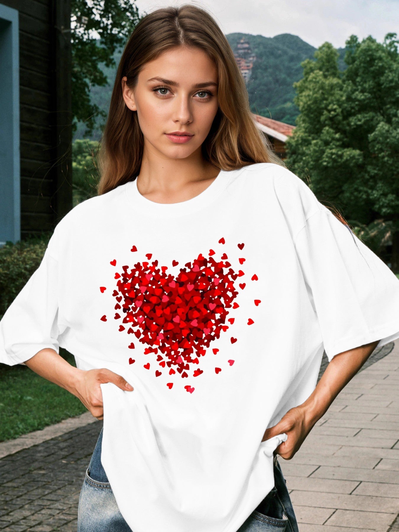 Women Red Heart Printed Casual Short Sleeve T-Shirt