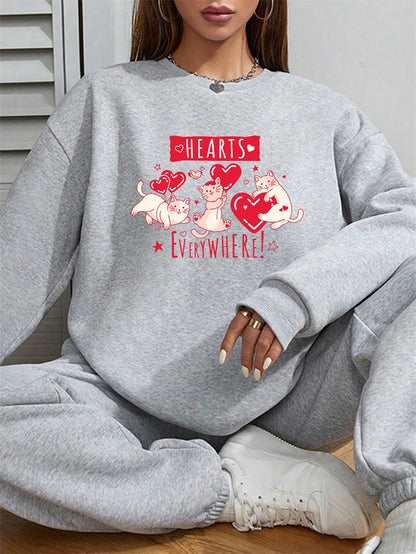 Women Cute Cat HEARTS Print Casual Sweatshirt