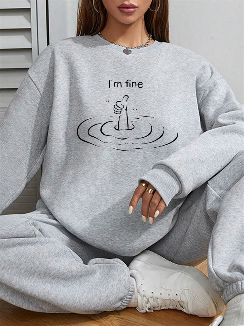 Women I'm Fine Printed Long Sleeve Crew Neck Casual Pullover