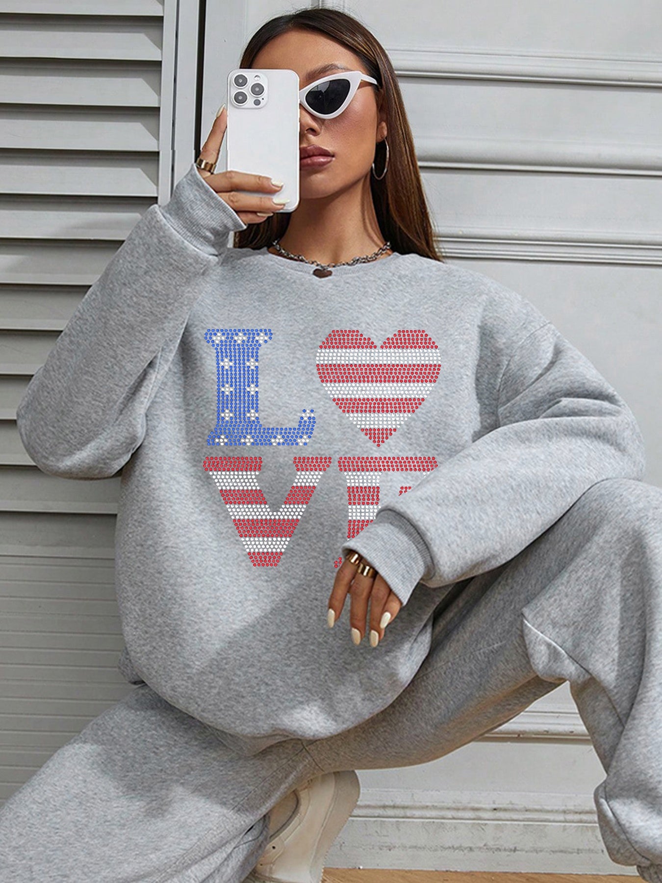 Women Love Letters American Flag Printed Casual Sweatshirt