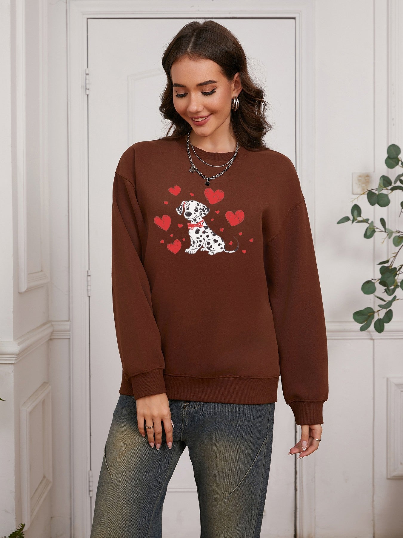 Women Dalmatian & Heart Print Casual Sweatshirt