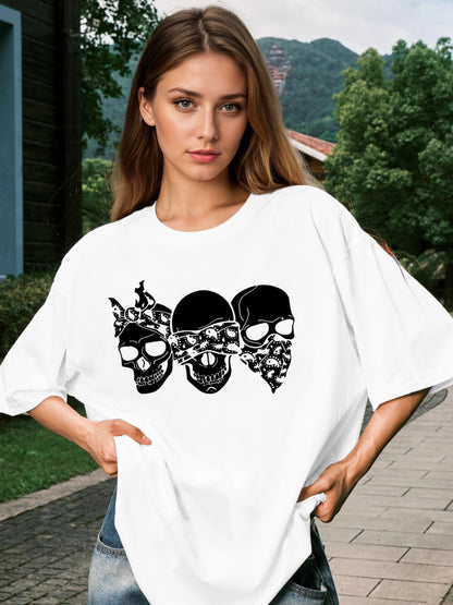 Women Three Skulls Printed Casual Short-Sleeved T-Shirt