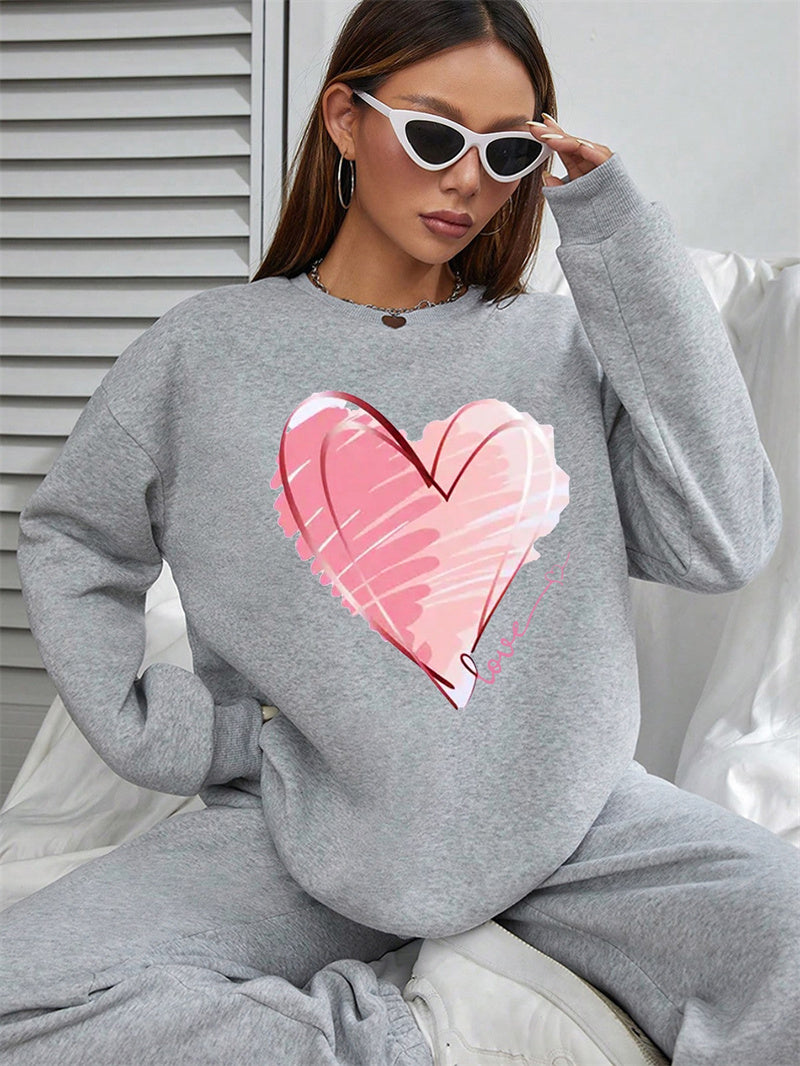 Women Pink Heart Printed Casual Sweatshirt