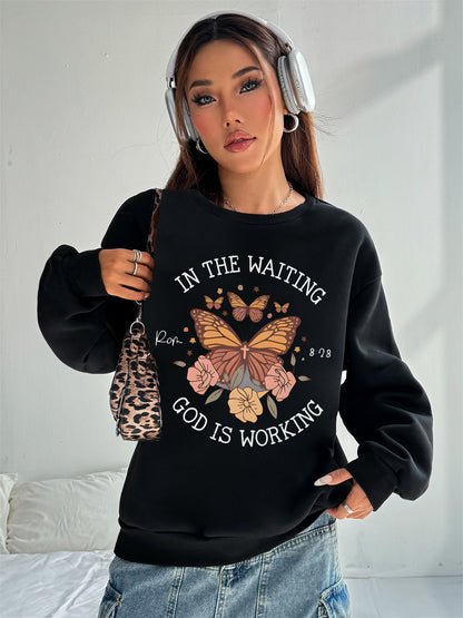 Women Flowers and Butterfly Print Casual Sweatshirt Crew Neck Pullover