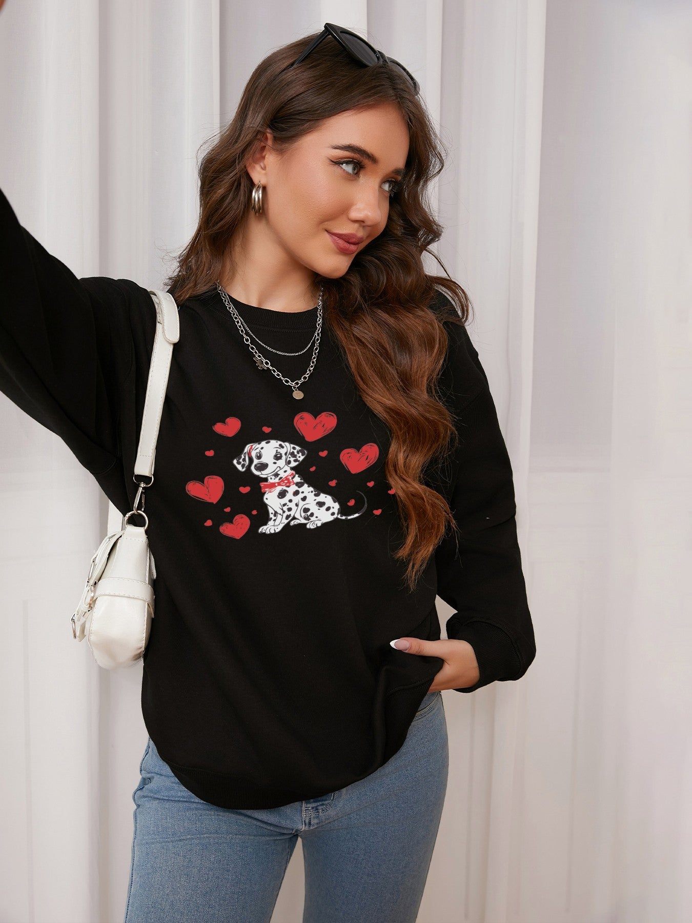 Women Dalmatian & Heart Print Casual Sweatshirt