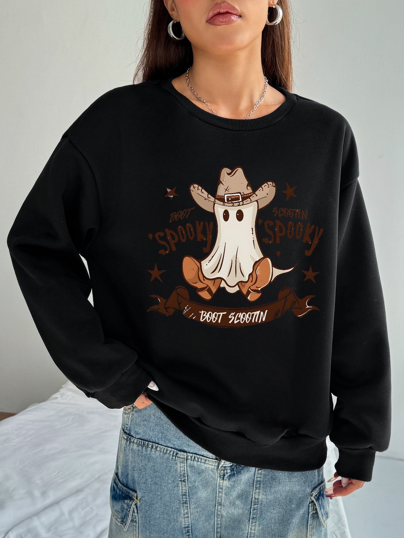 Women Cowboy Spooky Print Casual Sweatshirt