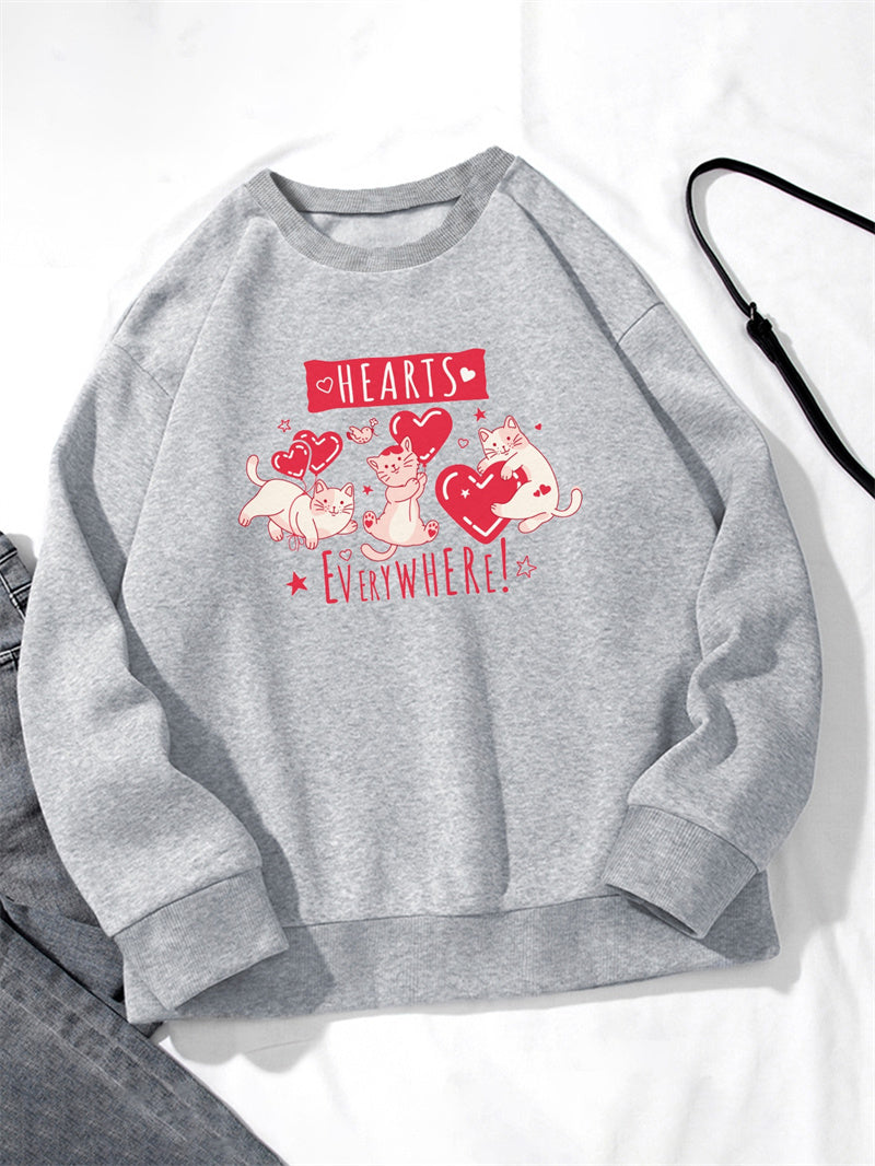 Women Cute Cat HEARTS Print Casual Sweatshirt