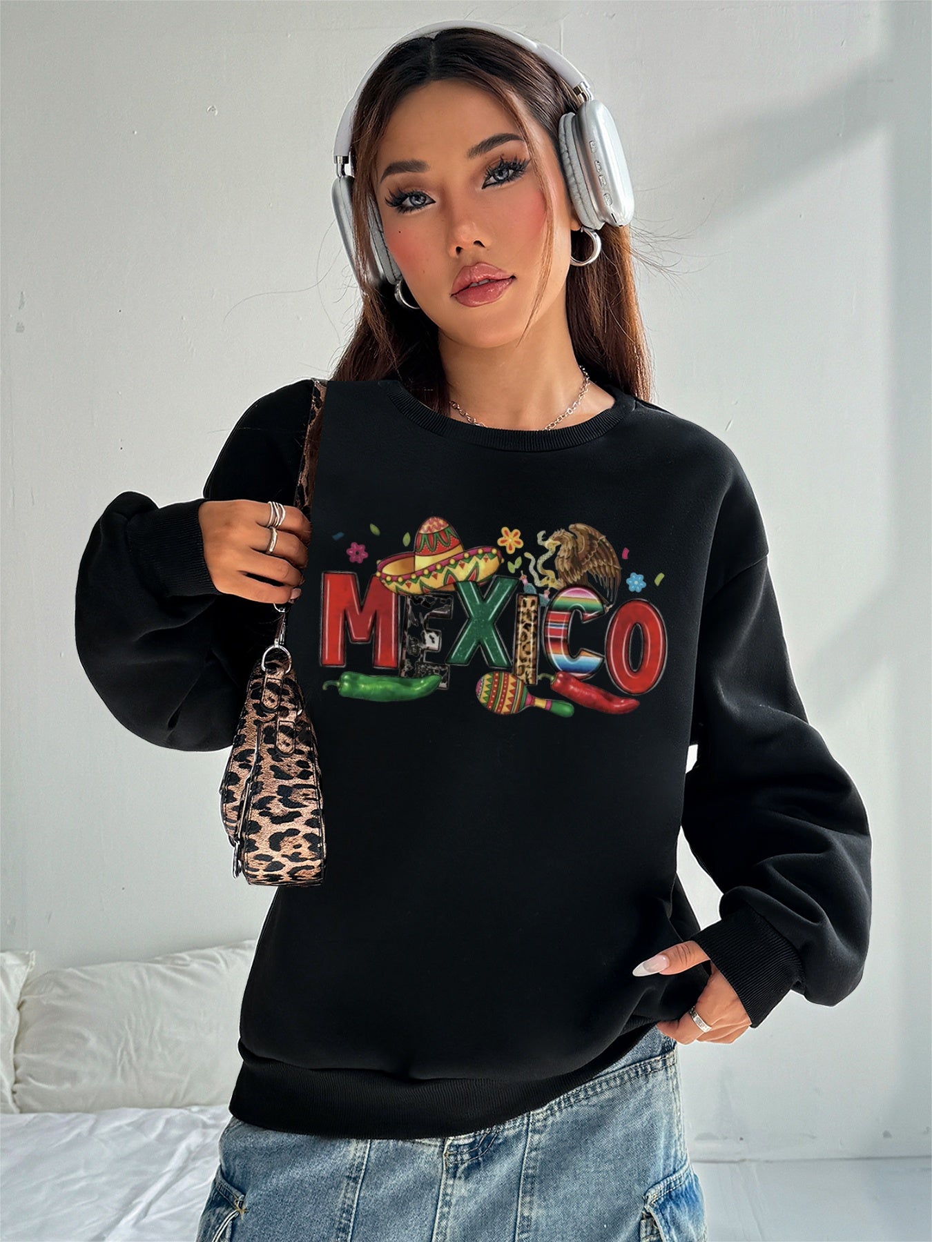 Women Mexico Colorful Contrasting Color Personalized Letter Print Sweatshirt