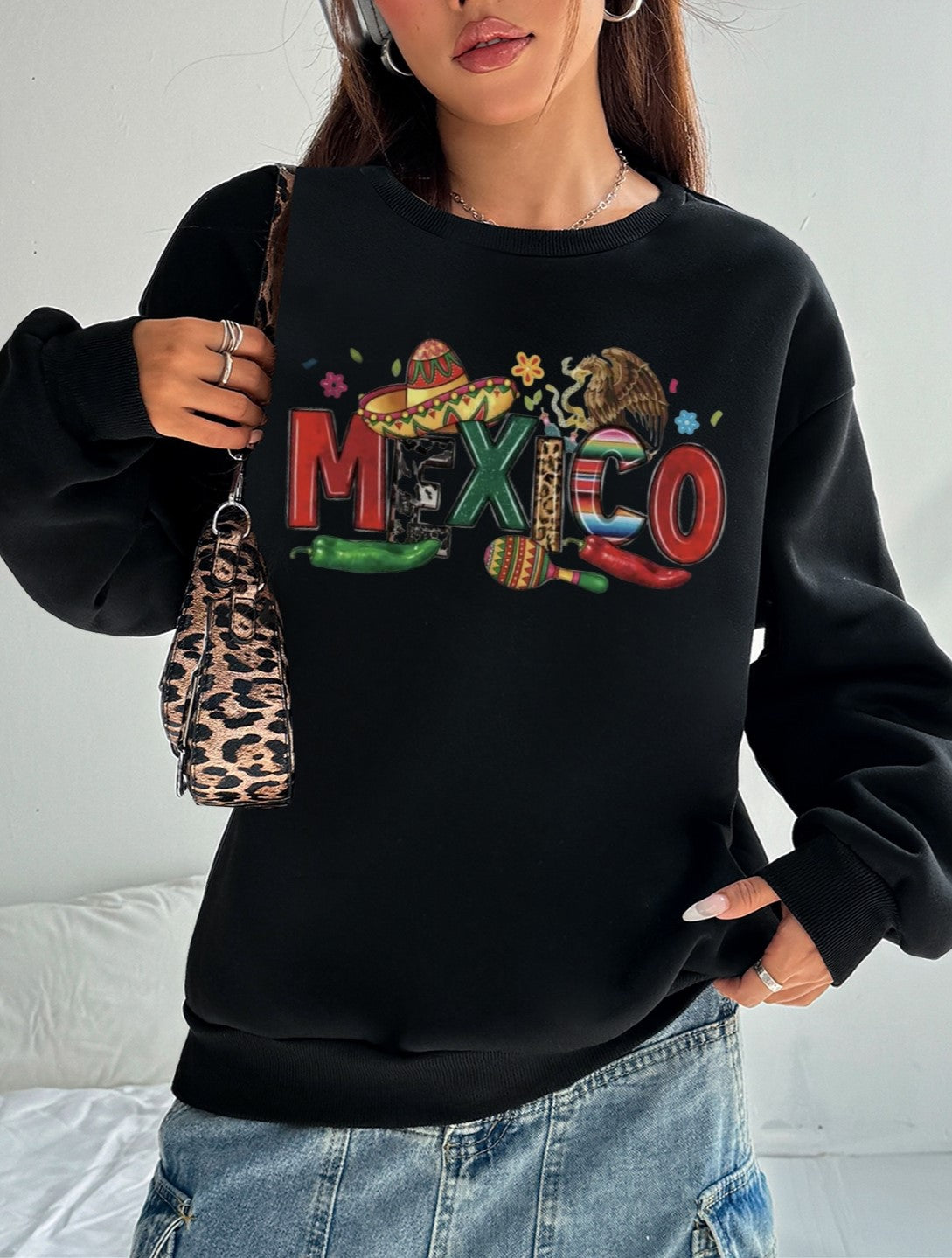 Women Mexico Colorful Contrasting Color Personalized Letter Print Sweatshirt