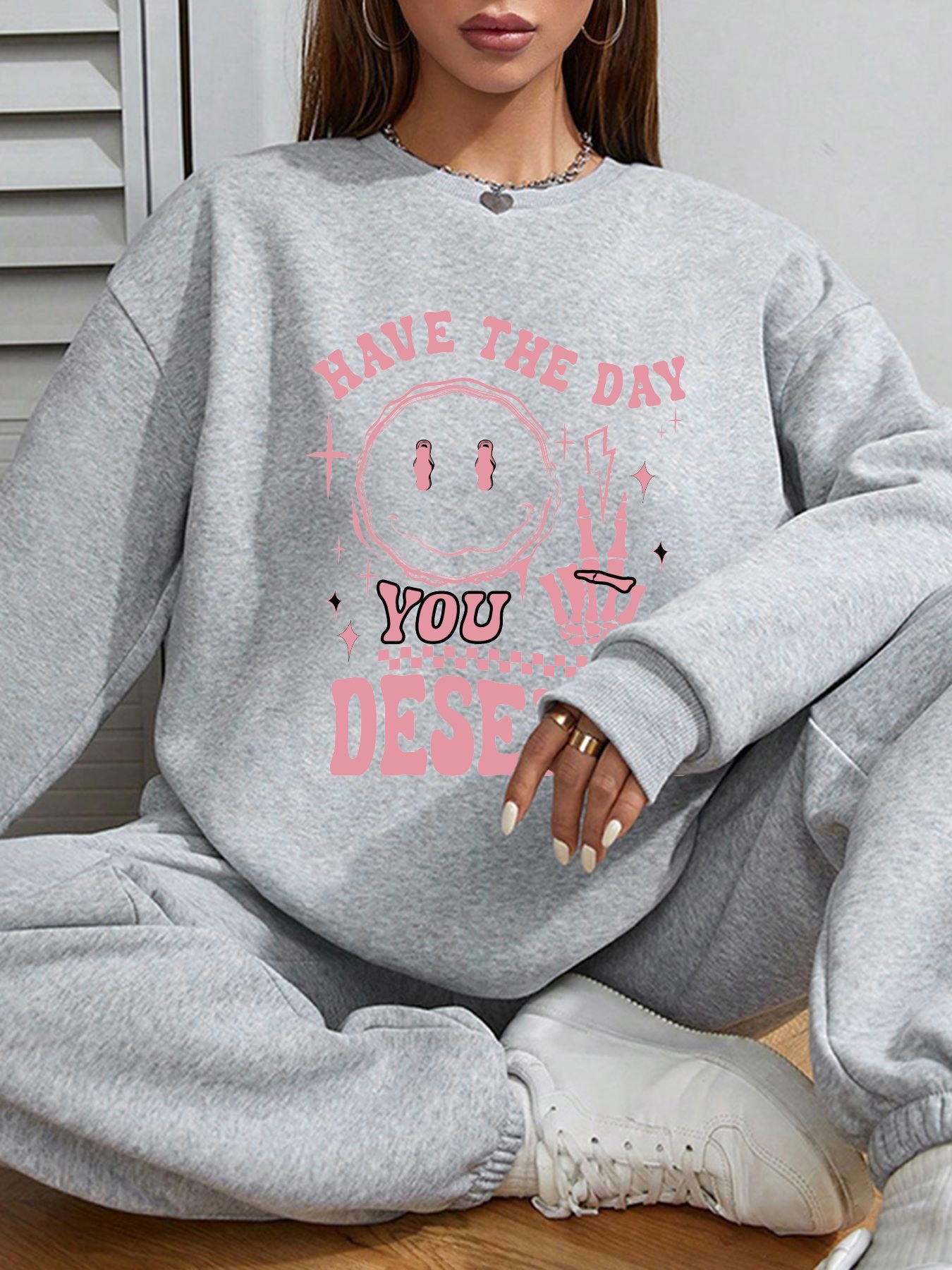 Women Have The Day You Deserve Smiley Skull Print Casual Sweatshirt