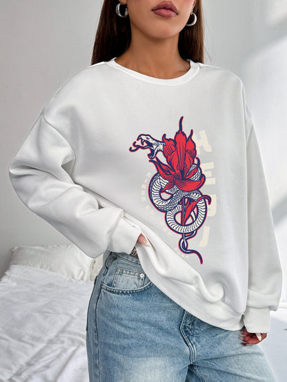 Women Snake Totem Printed Crew Neck Pullover