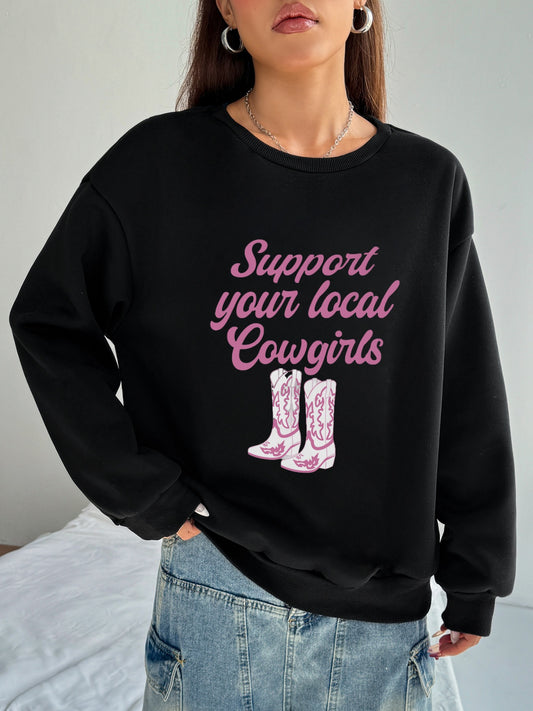 Women Pink Letter Long Boots Printed Casual Sweatshirt