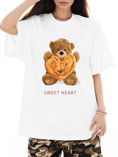 Women Cookies and Cute Bear Print Casual T-Shirt