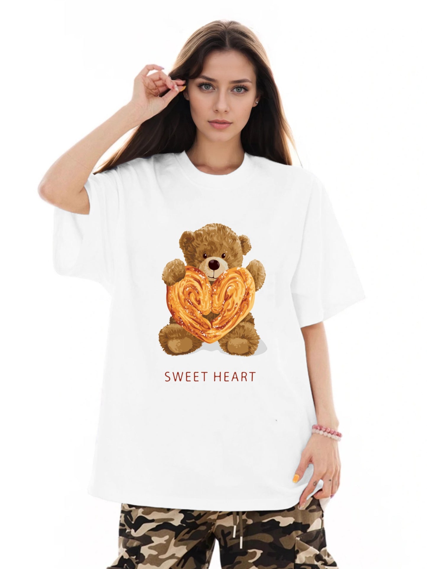 Women Cookies and Cute Bear Print Casual T-Shirt