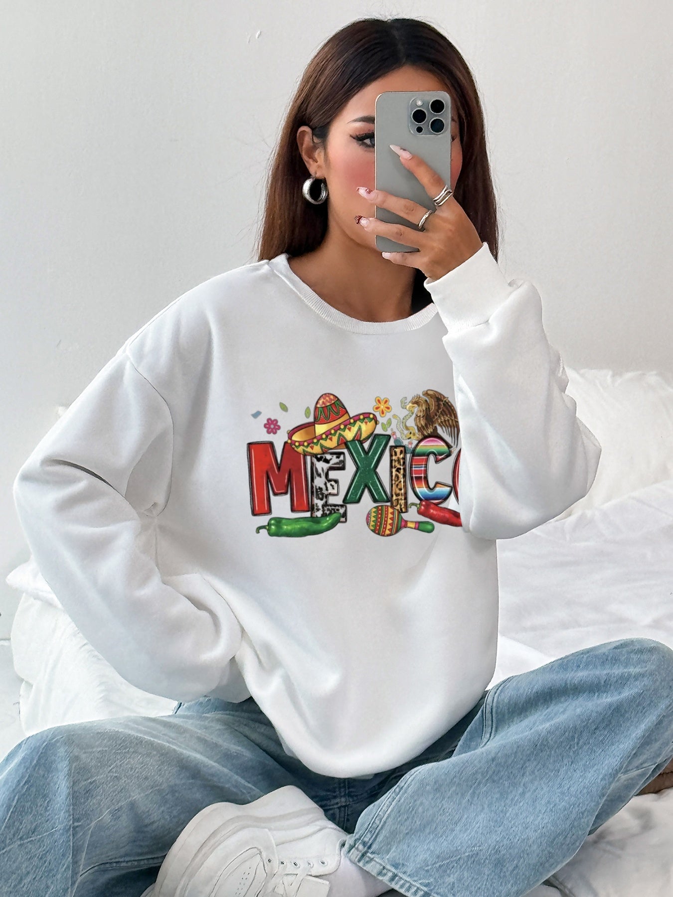 Women Mexico Colorful Contrasting Color Personalized Letter Print Sweatshirt