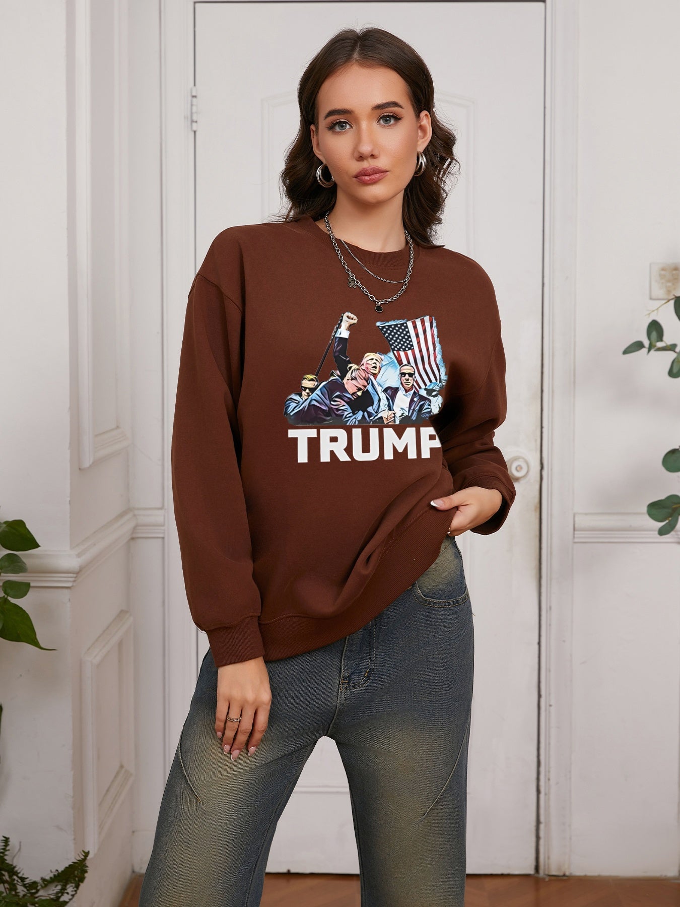 Women Fight 2024 Trump Print Casual Sweatshirt