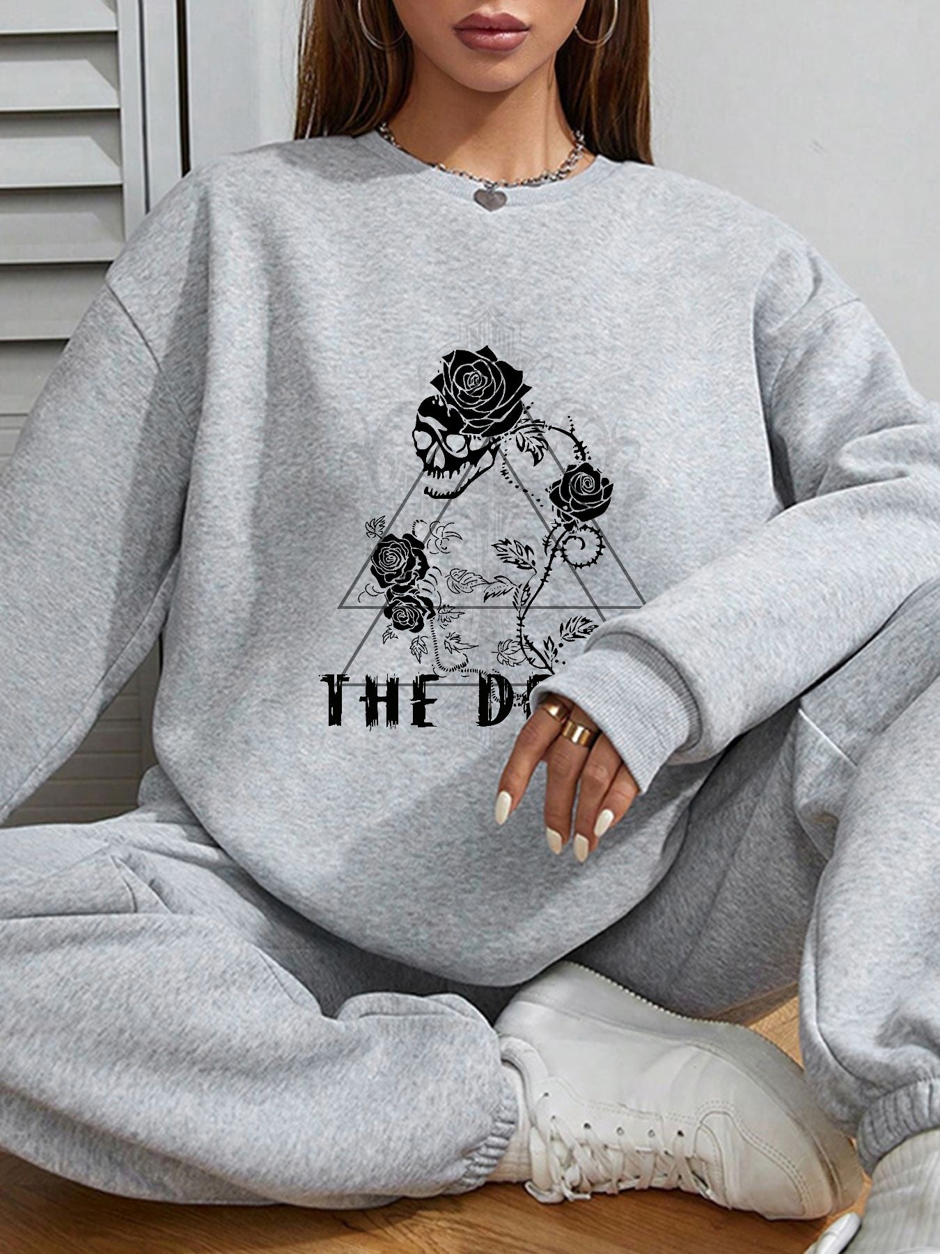 Women Skull and Floral The Devil Printed Oversized Sweatshirts Casual Pullovers