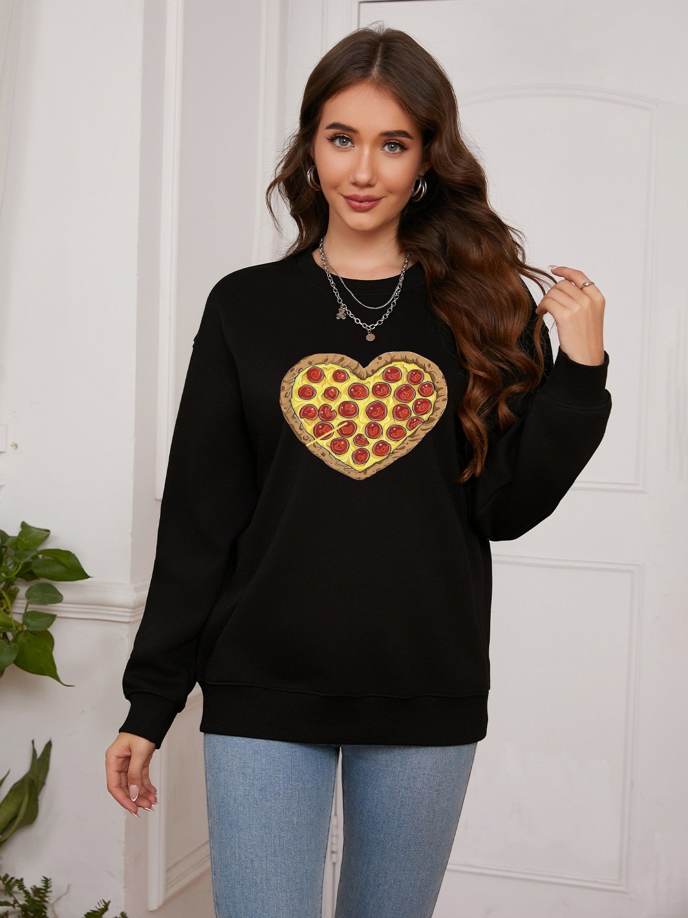 Women Pizza Lover Pizza Heart Print Casual Sweatshirt