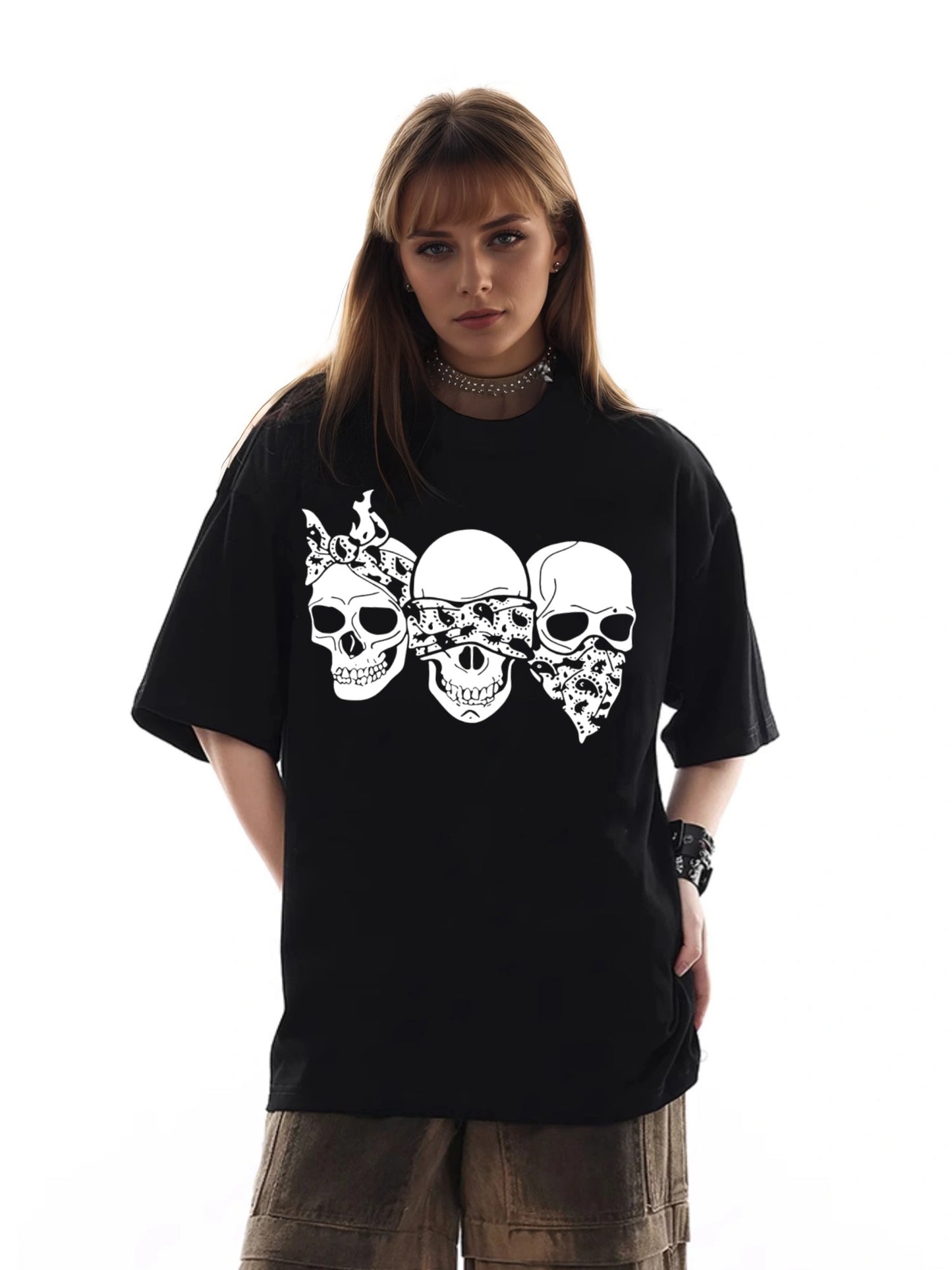 Women Three Skulls Printed Casual Short-Sleeved T-Shirt