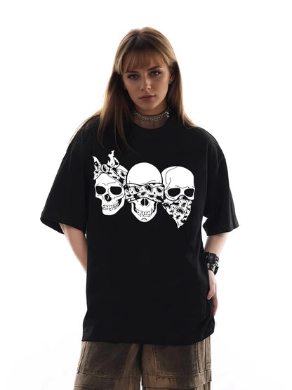 Women Three Skulls Printed Casual Short-Sleeved T-Shirt