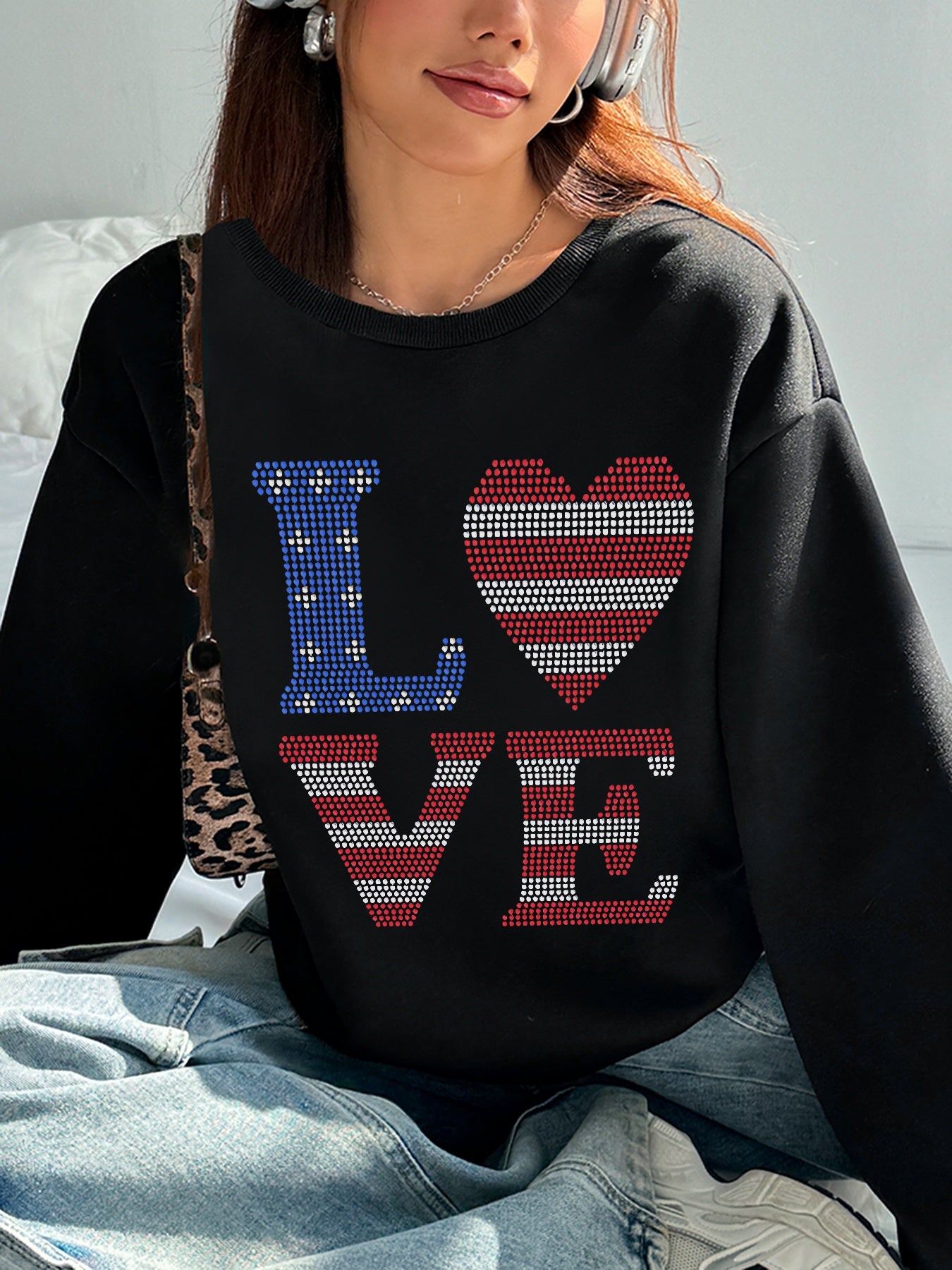 Women Love Letters American Flag Printed Casual Sweatshirt