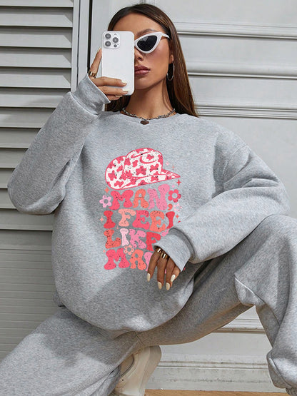 Women Pink Hat with Graffiti Letters Print Casual Sweatshirt