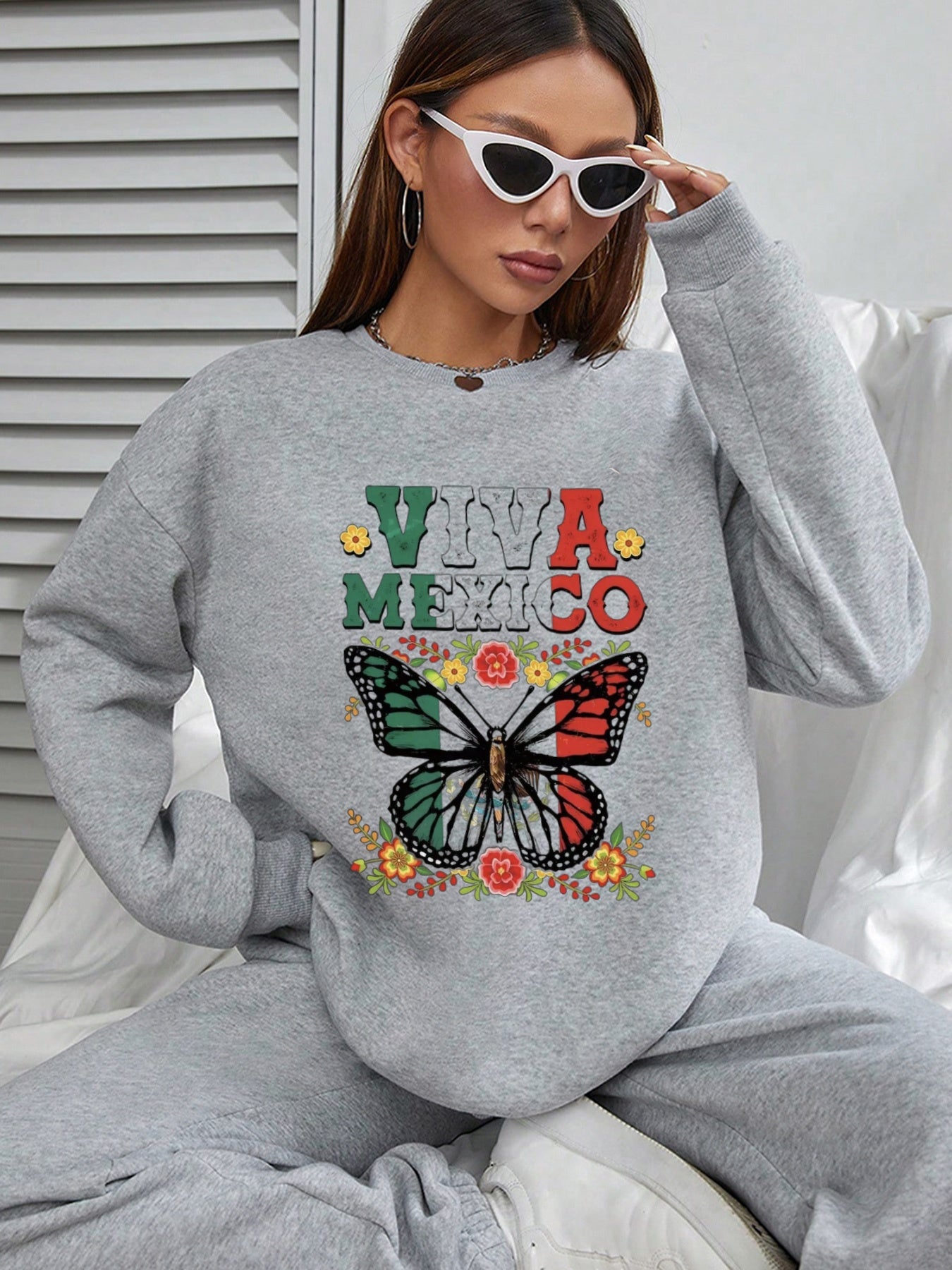 Women Viva Mexico Floral and Butterfly Print Casual Sweatshirt