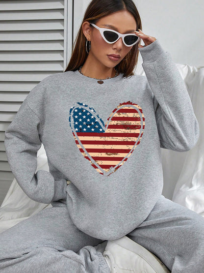 Women USA Flag Heart Printed Casual Sweatshirt