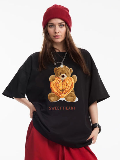 Women Cookies and Cute Bear Print Casual T-Shirt