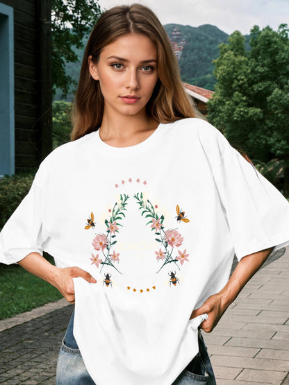 Women BOUJOUR and Flower Print Casual T-Shirt