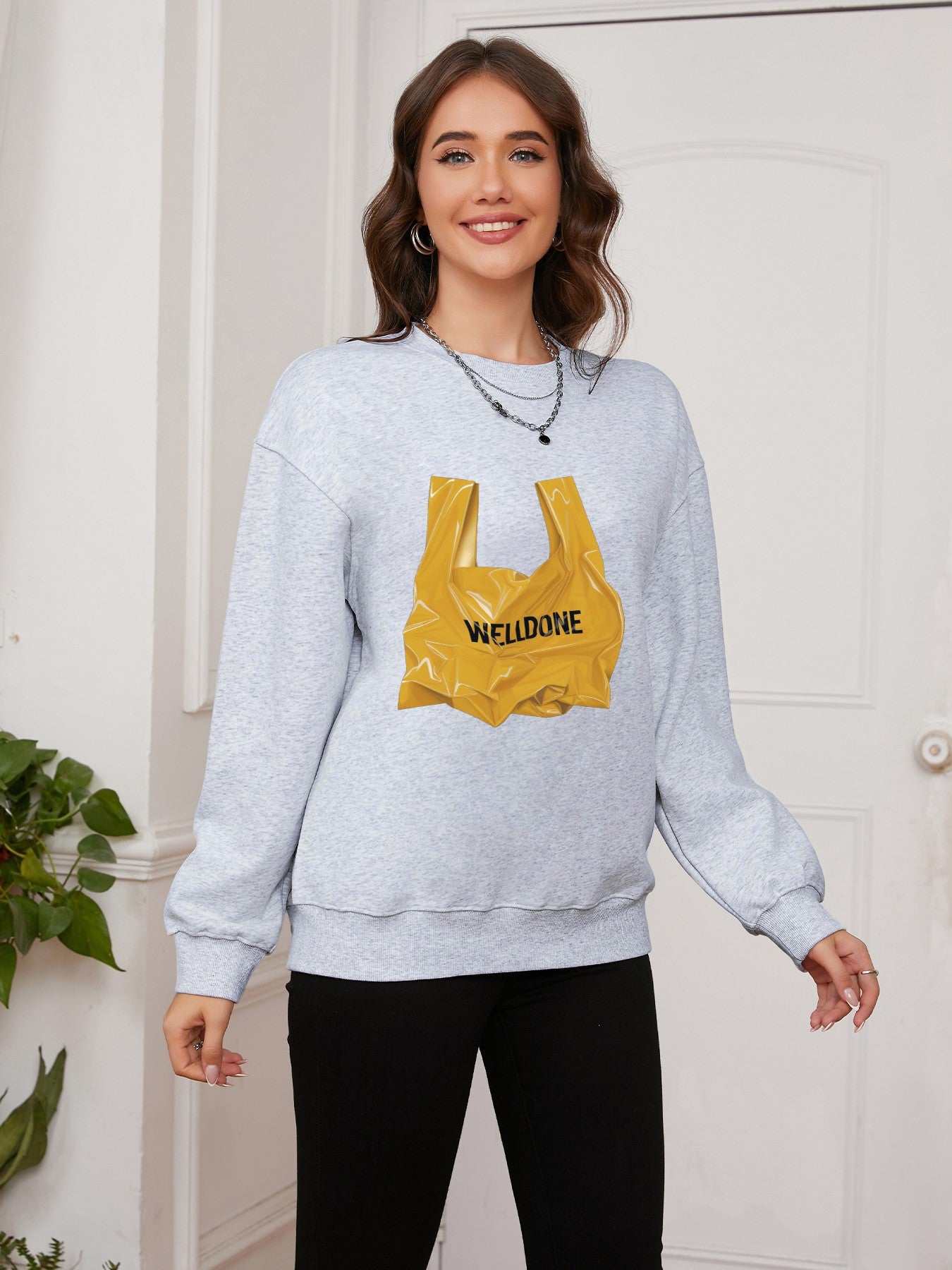 Women Yellow Garbage Bag & Welldone Print Casual Sweatshirt