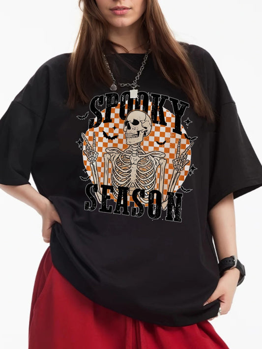 Women SPOOKY SEASON Skull Print Casual Short-Sleeved T-Shirt