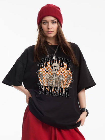 Women SPOOKY SEASON Skull Print Casual Short-Sleeved T-Shirt