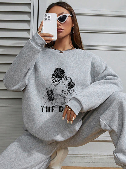 Women Skull and Floral The Devil Printed Oversized Sweatshirts Casual Pullovers