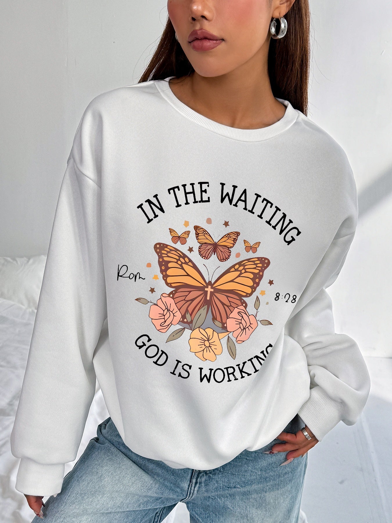 Women Flowers and Butterfly Print Casual Sweatshirt Crew Neck Pullover