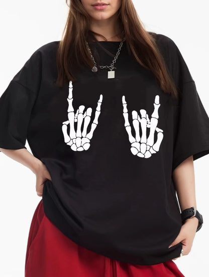 Women Skull Hand Printed Casual Short Sleeve T-Shirt