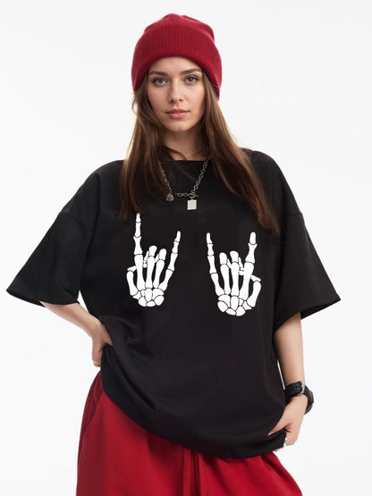 Women Skull Hand Printed Casual Short Sleeve T-Shirt