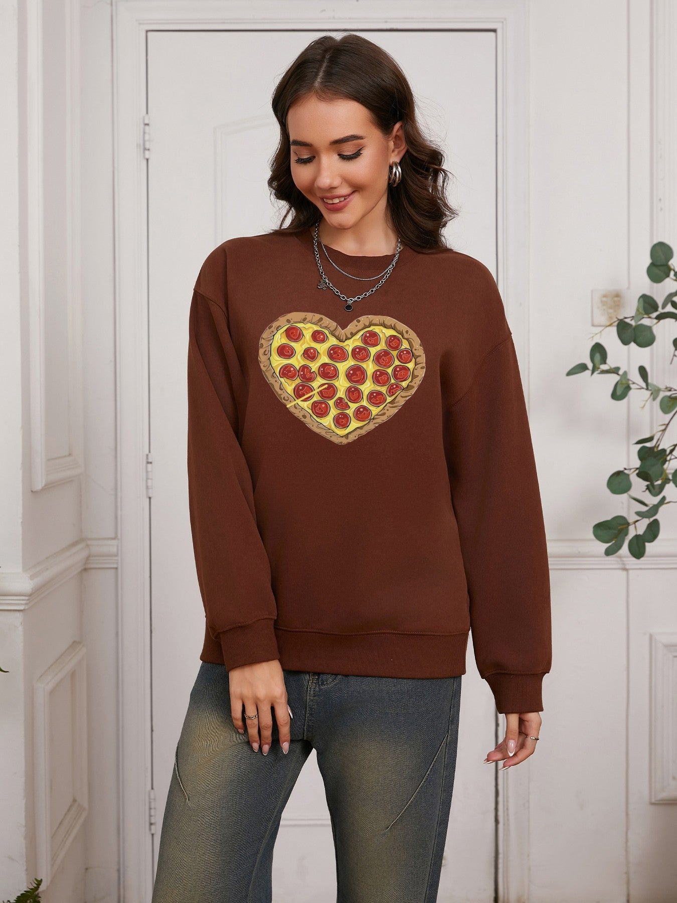 Women Pizza Lover Pizza Heart Print Casual Sweatshirt