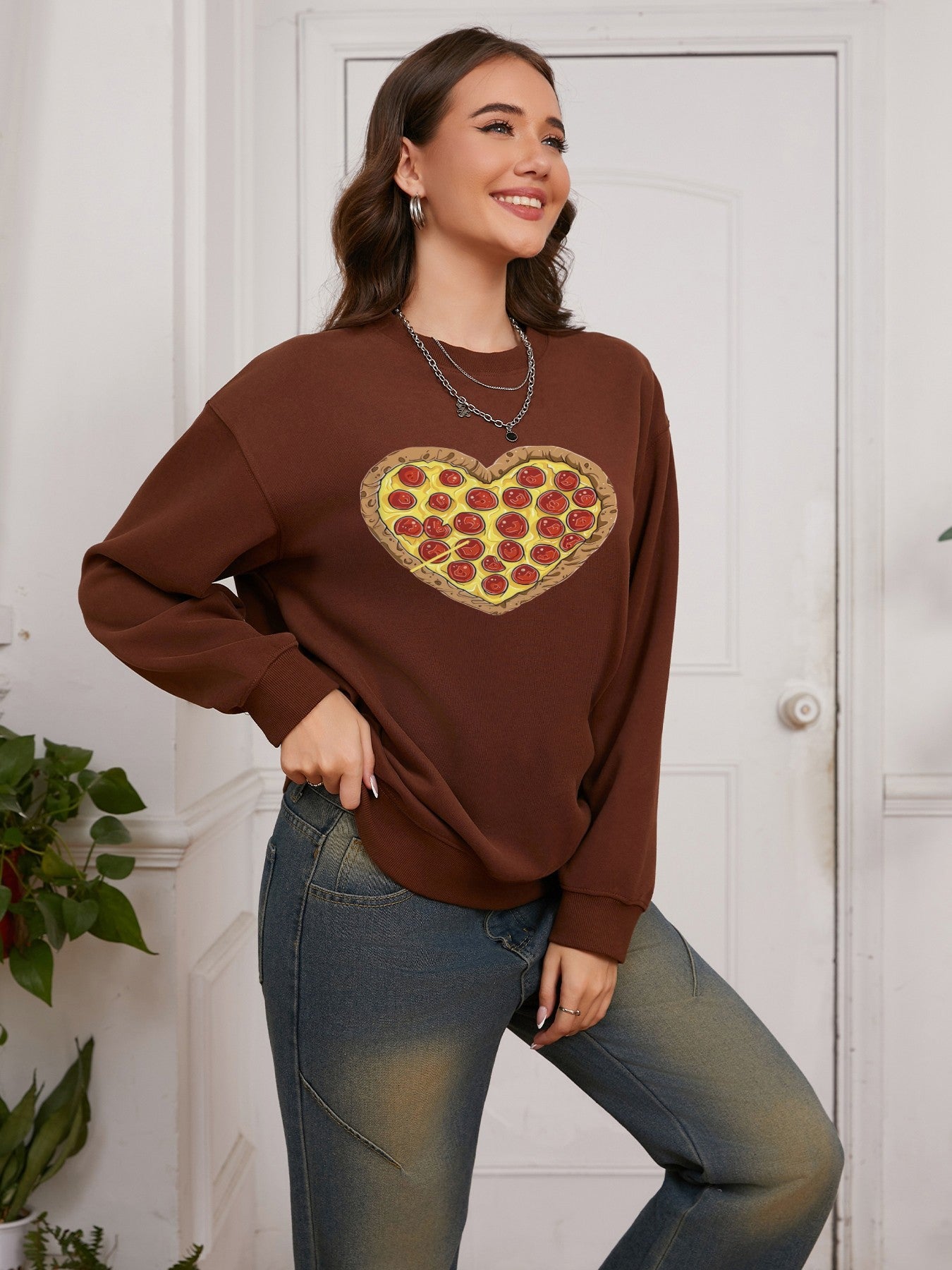 Women Pizza Lover Pizza Heart Print Casual Sweatshirt