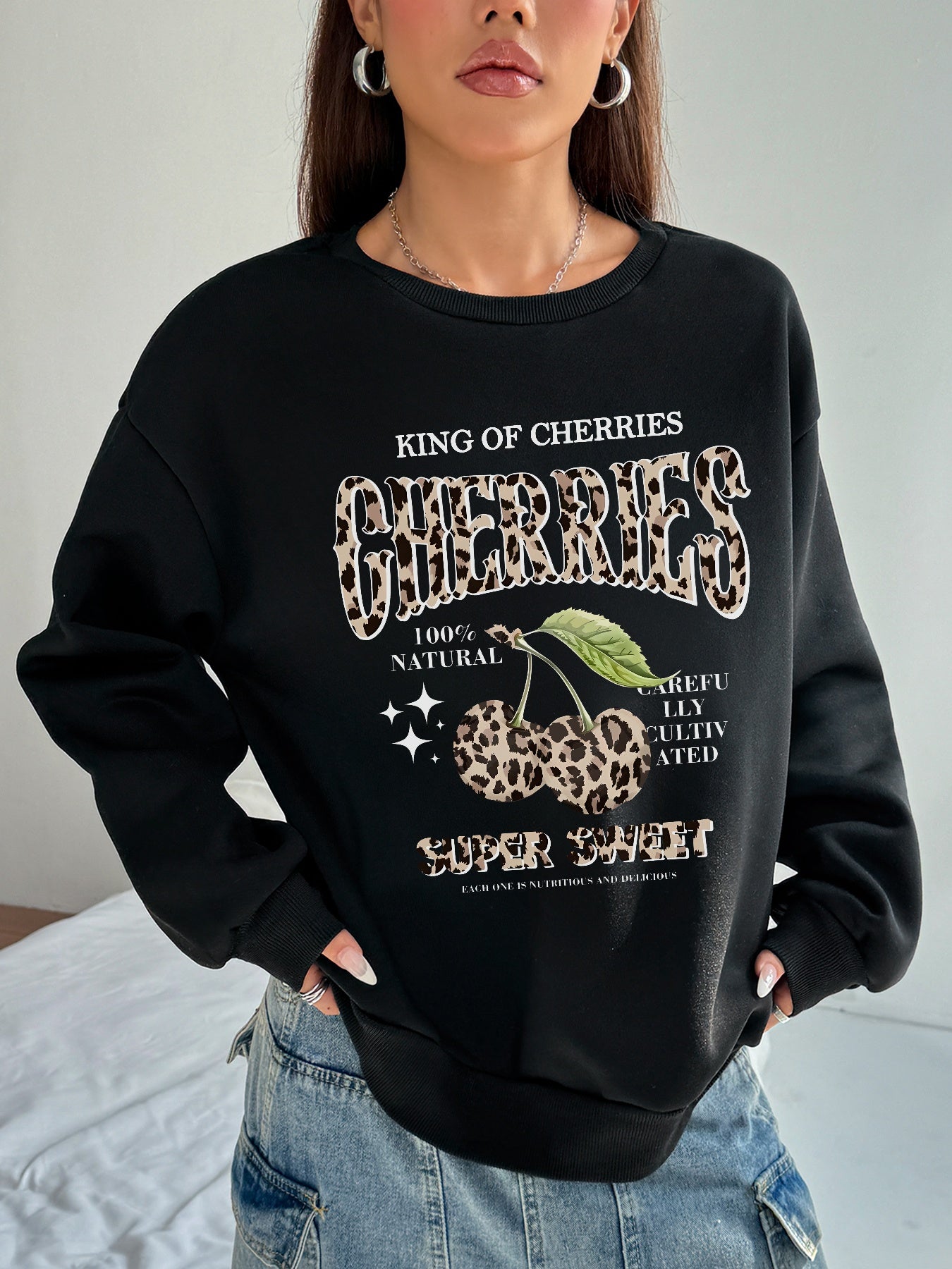 Women Cherries Printed Casual Crew Neck Long Sleeve Pullover