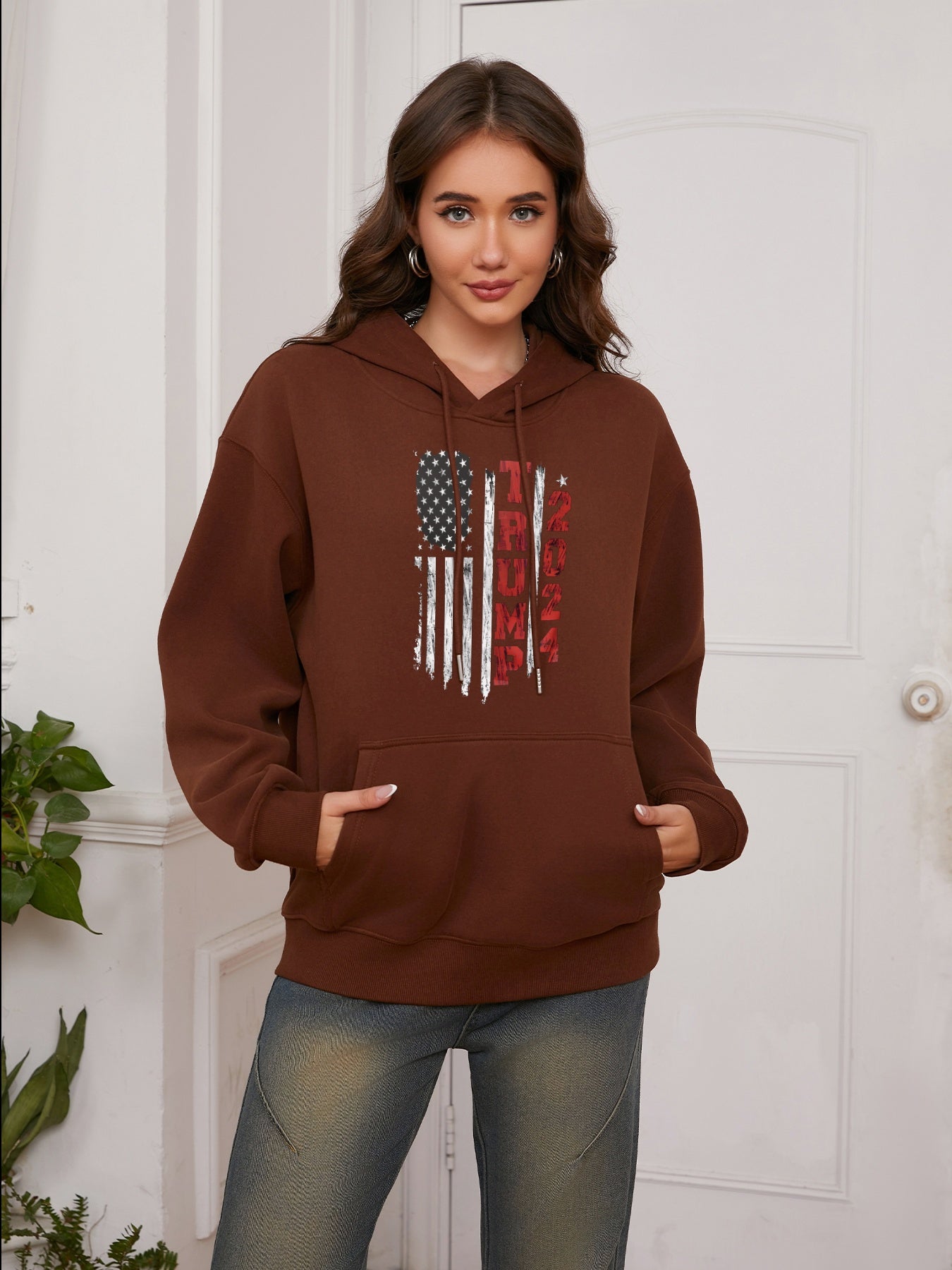 Women American Flag and Trump 2024 Print Casual Hoodie