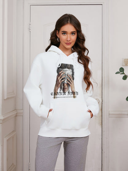 Women Face-Covering Portrait Print Casual Hooded Sweatshirt Hoodie