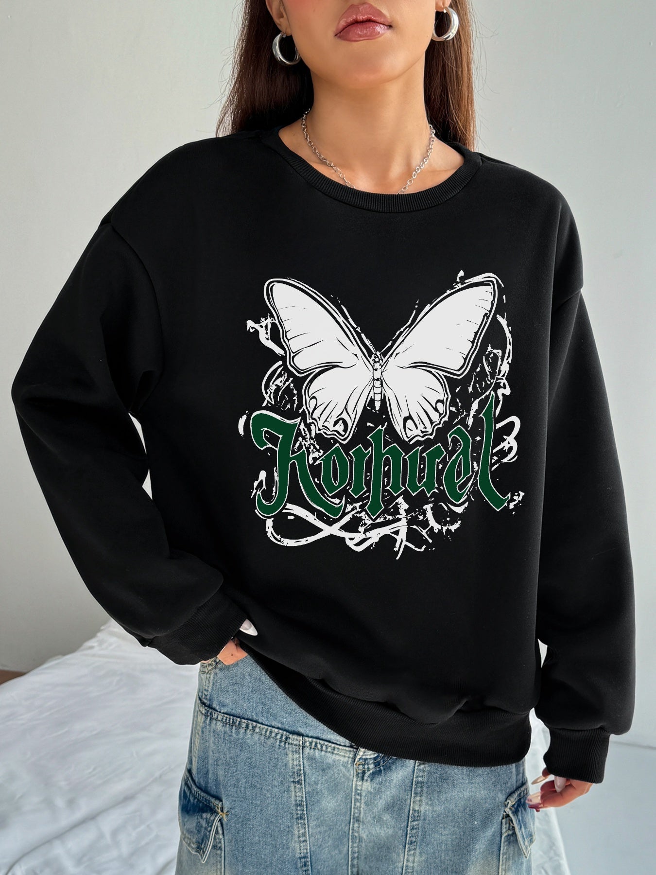 Women Butterfly Crew Neck Long Sleeve Polyester Pullover