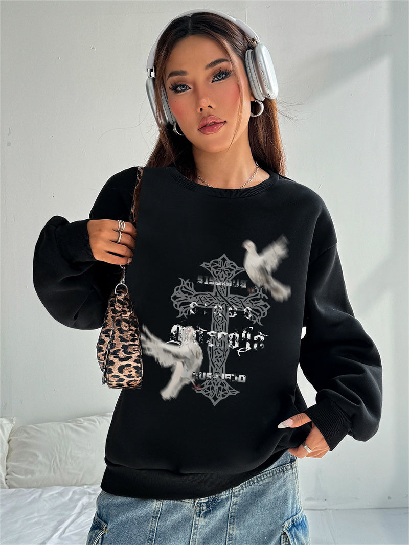 Women White Dove Cross Printed Crew Neck Pullover