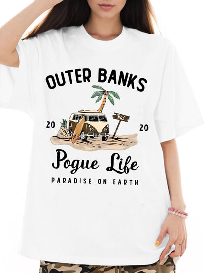 Women OUTER BANKS Campervan Printed Casual Short Sleeve T-Shirt