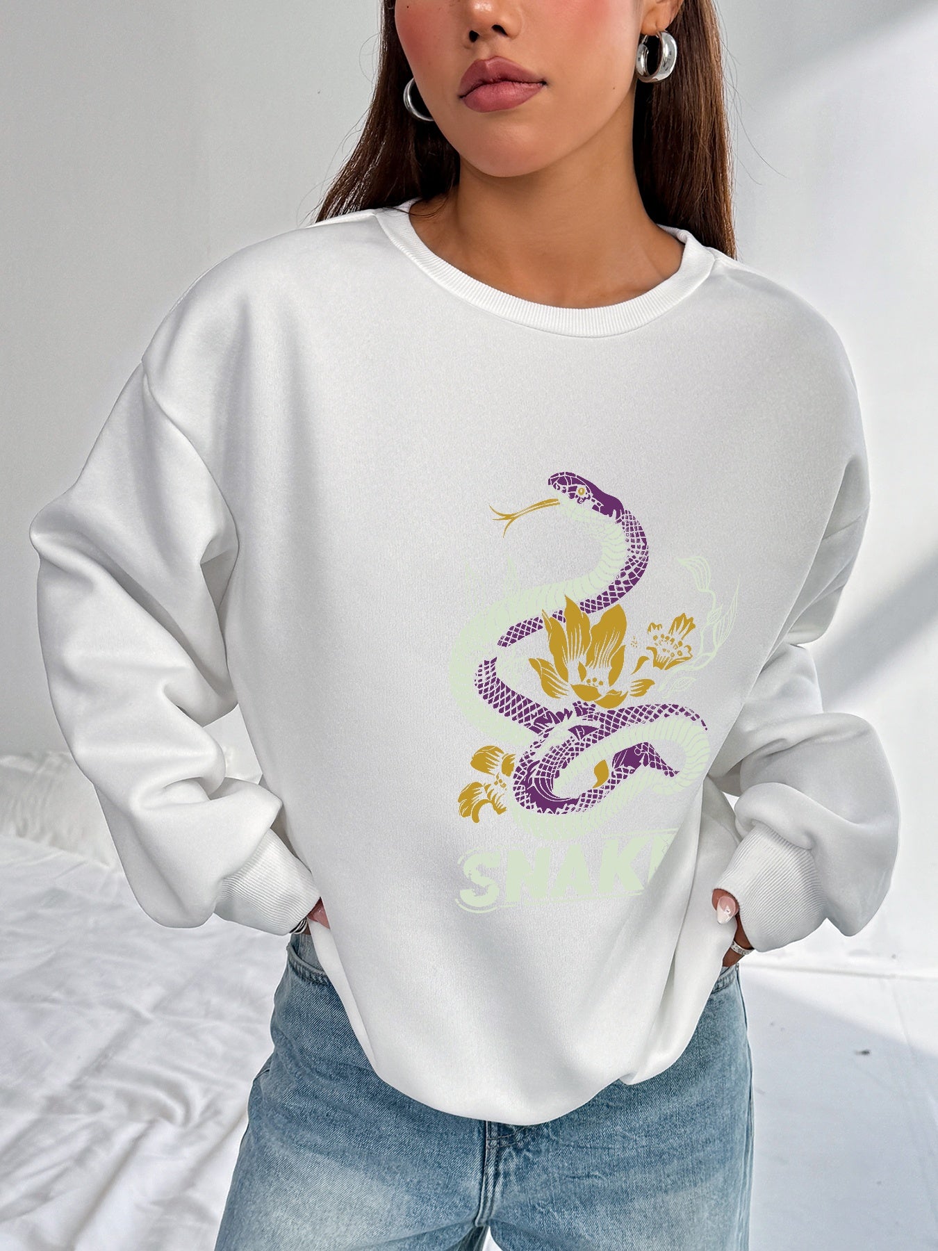 Women Snake Printed Long Sleeve Pullover Crew Neck Pullover