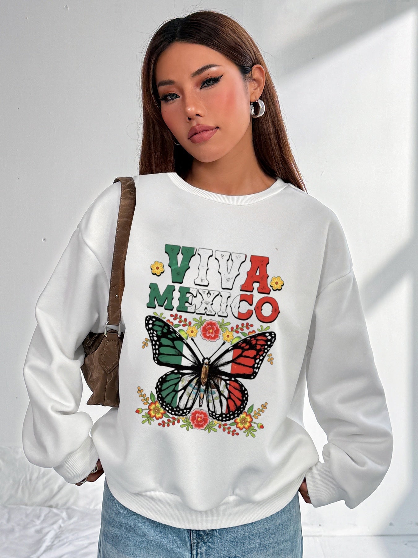 Women Viva Mexico Floral and Butterfly Print Casual Sweatshirt