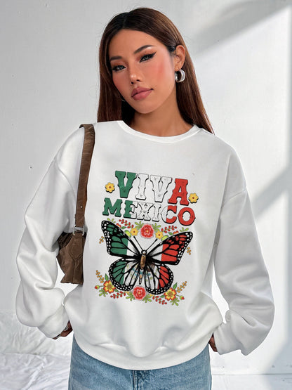 Women Viva Mexico Floral and Butterfly Print Casual Sweatshirt